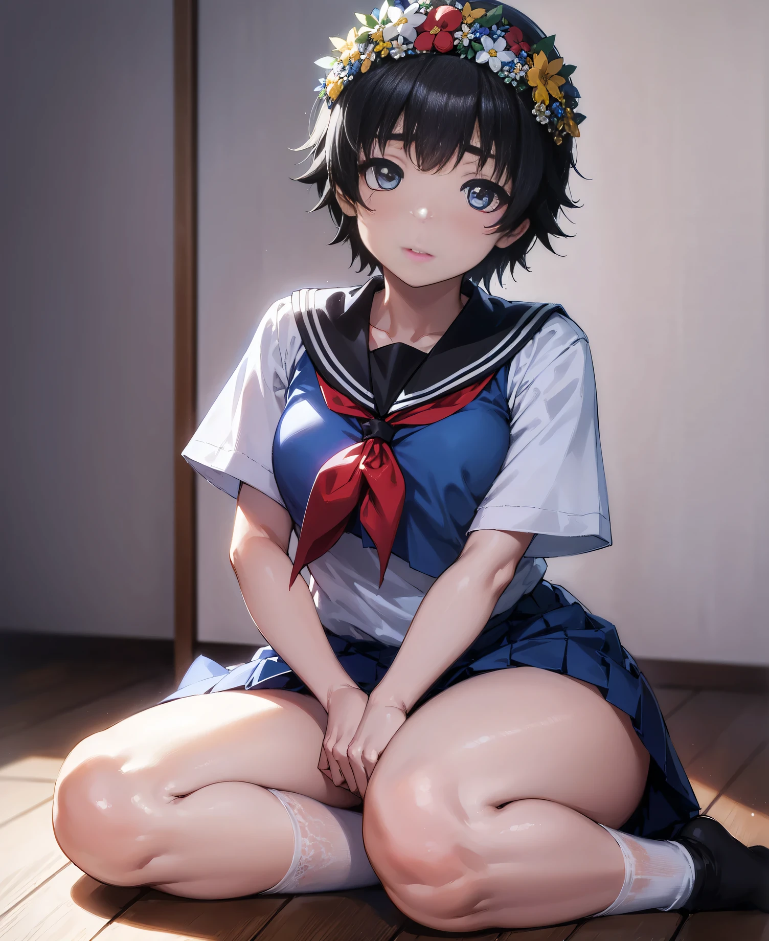 Kyoto Animation,shinkai makoto,uiharukazari, Kazari Uiharu, (black eye:1.5), Black Hair, flower, hair flower, hair ornaments, flower ring on head, short hair,
break armband, sakugawa school uniform, school uniform, Seraphim, skirt, Summer clothes, neckerchief, red neckerchief, Blue sailor collar, Blue Card, Short sleeve,white lace flower decorative panties,White socks,
break looking at viewer,
break indoors, classroom,
break (masterpiece:1.2), Highest quality, High resolution, unity 8k wallpaper, (shape:0.8), (Fine and beautiful eyes:1.6), Highly detailed face, Perfect lighting, Highly detailed CG, (Perfect hands, Perfect Anatomy),