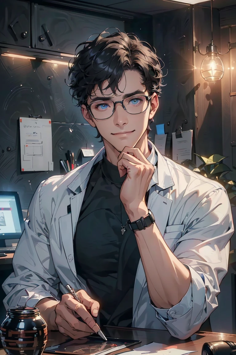 (best quality,4K,8K,high resolution,masterpiece:1.2),Very detailed,(Practical,photoPractical,photo-Practical:1.37),1 person,Mature man,Beautiful Skin、contour、very handsome,wear glasses，Black curly hair,Smile,,blue eyes,Sharp eyes,Undoubtedly perfect face,Office Background,Cinema Lighting,hdr image,Black T-shirt