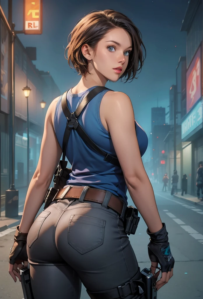 perfect eyes:1.2, detailed eyes:1.4, zotovalentine, serious, blue shirt, short hair, chestnut hair, blue eyes, gloves, jewelry, black gloves, belt, pants, fingerless gloves, lips, gun, tank top, holster, thigh holster, cowboy shot, 1girl, solo, (masterpiece:1.6, best quality), 8k, insane details, intricate details, hyperdetailed, hyper quality, high detail, ultra detailed, professional, HDR, ray tracing reflection, cinematic lighting,