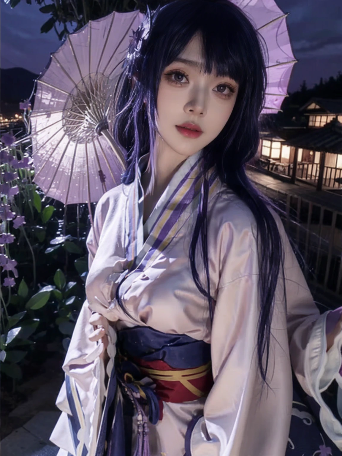 best quality, masterpiece, High Detail, Reflect light realistically, 1 girl, Upper Body, Shogun Raiden, (ulzzang-6500-v1.1:0.5), Large Breasts, Perfect face, Clear eyes, Longhair, Purple Hair, Hair accessories, Lightning sky, Night Sky, Ancient building in the background, Shallow depth of field, Looking at the audience,