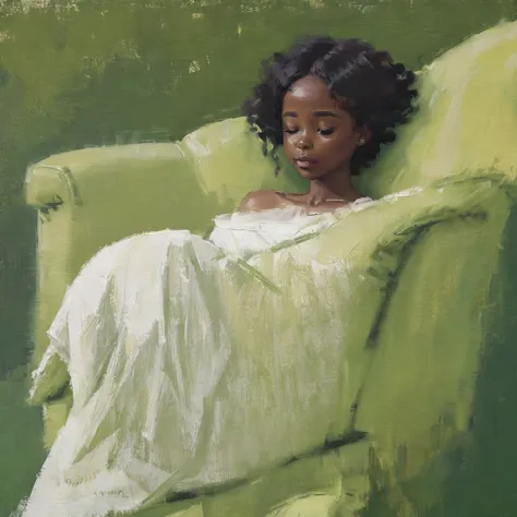 a painting of a black woman reclining in a chair against a green wall, wearing a white outfit. the woman appears relaxed, with h...