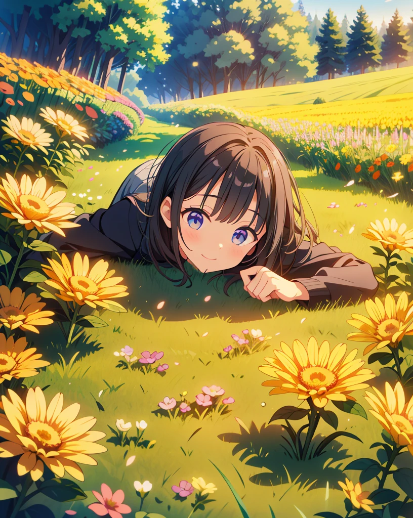 Highest quality, 32K, High resolution, masterpiece:1.5, Flower Field, Lie on your back