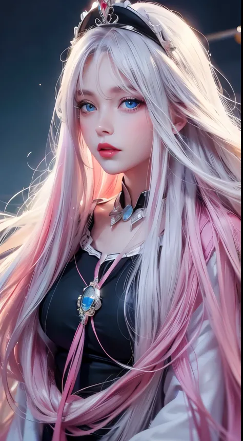 high quality pure white face, high quality blue eyes, high quality pink huge long hair, high quality red lips