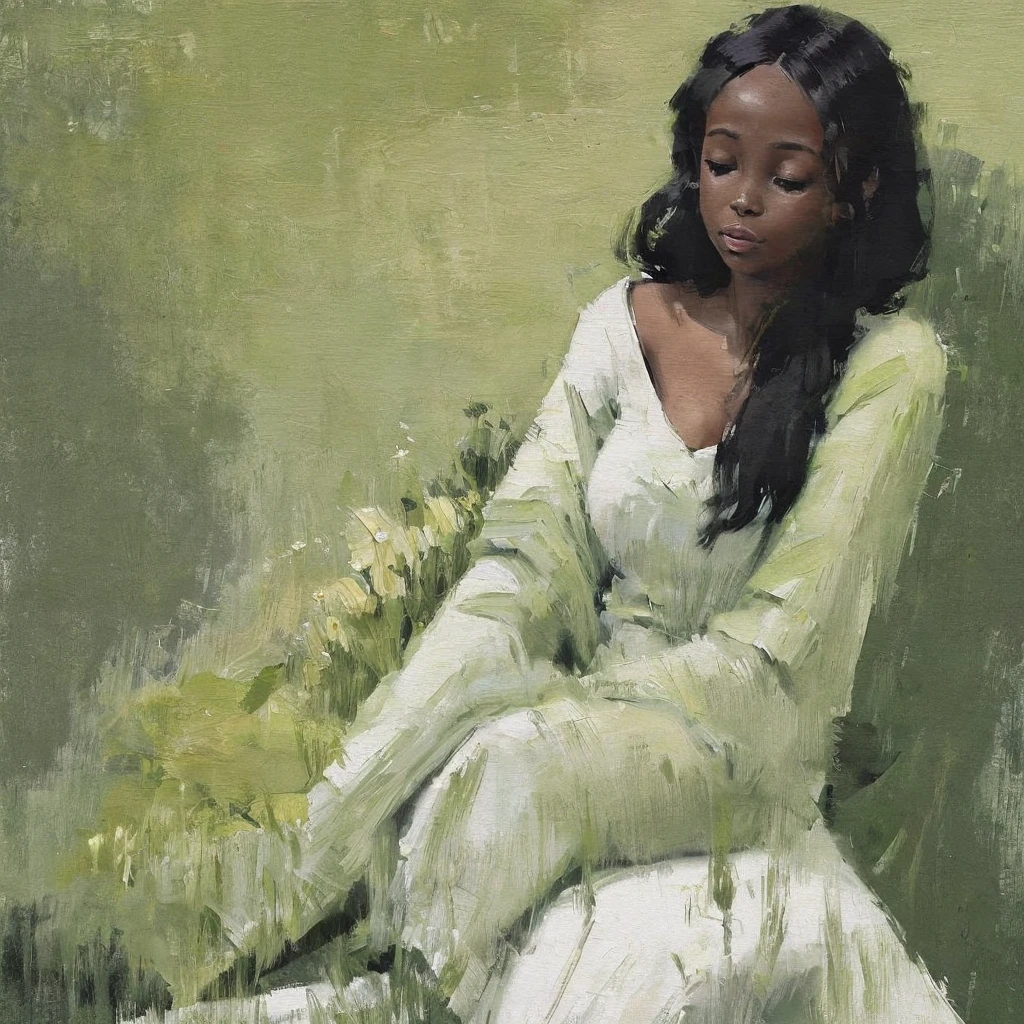 A painting of a ((Black woman)) reclining in a chair against a green wall, wearing a white outfit. The woman appears relaxed, with her eyes closed and one arm resting on her chest. The style is abstract with soft, painterly brushstrokes, and a calm, muted color palette,Use a dark tone overall and a color that stands out as an accent,((Outsider Art))