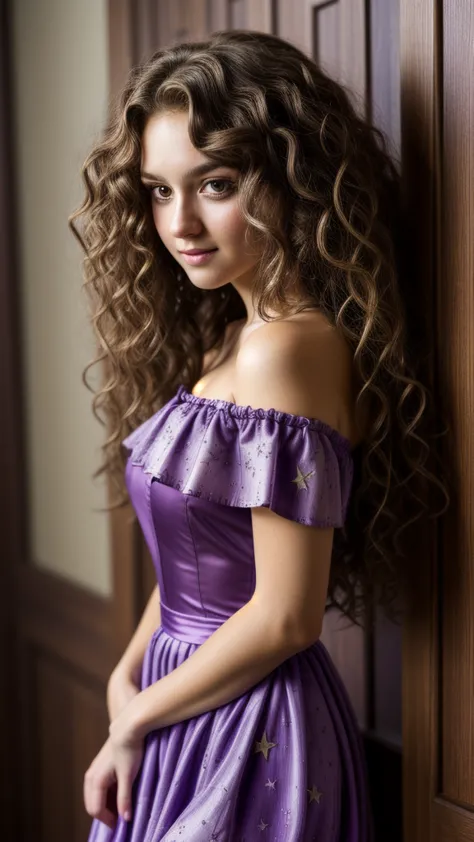 detailed background, masterpiece, highest quality, 1 person , curly hair, long hair, purple eyes, stars in my eyes , strapless b...