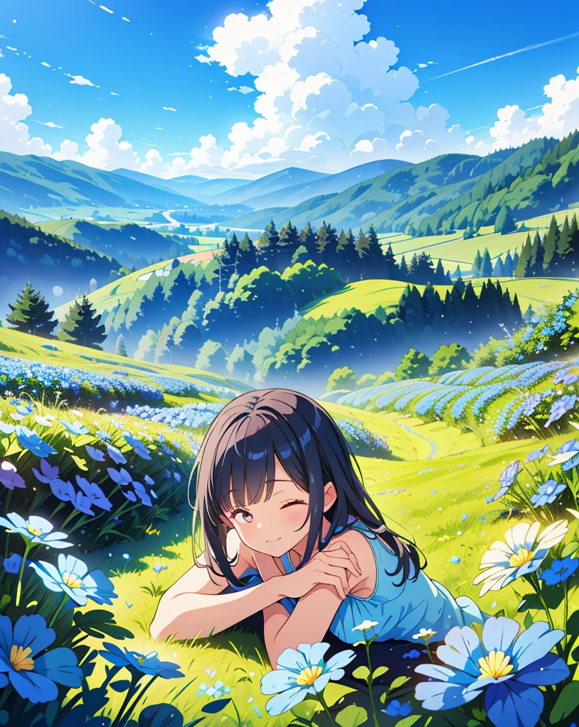 Highest quality, 32K, High resolution, masterpiece:1.5, Colorful Nemophila Fields, Lie on your back, Close your eyes and laugh, Transparent air, Summer sunshine