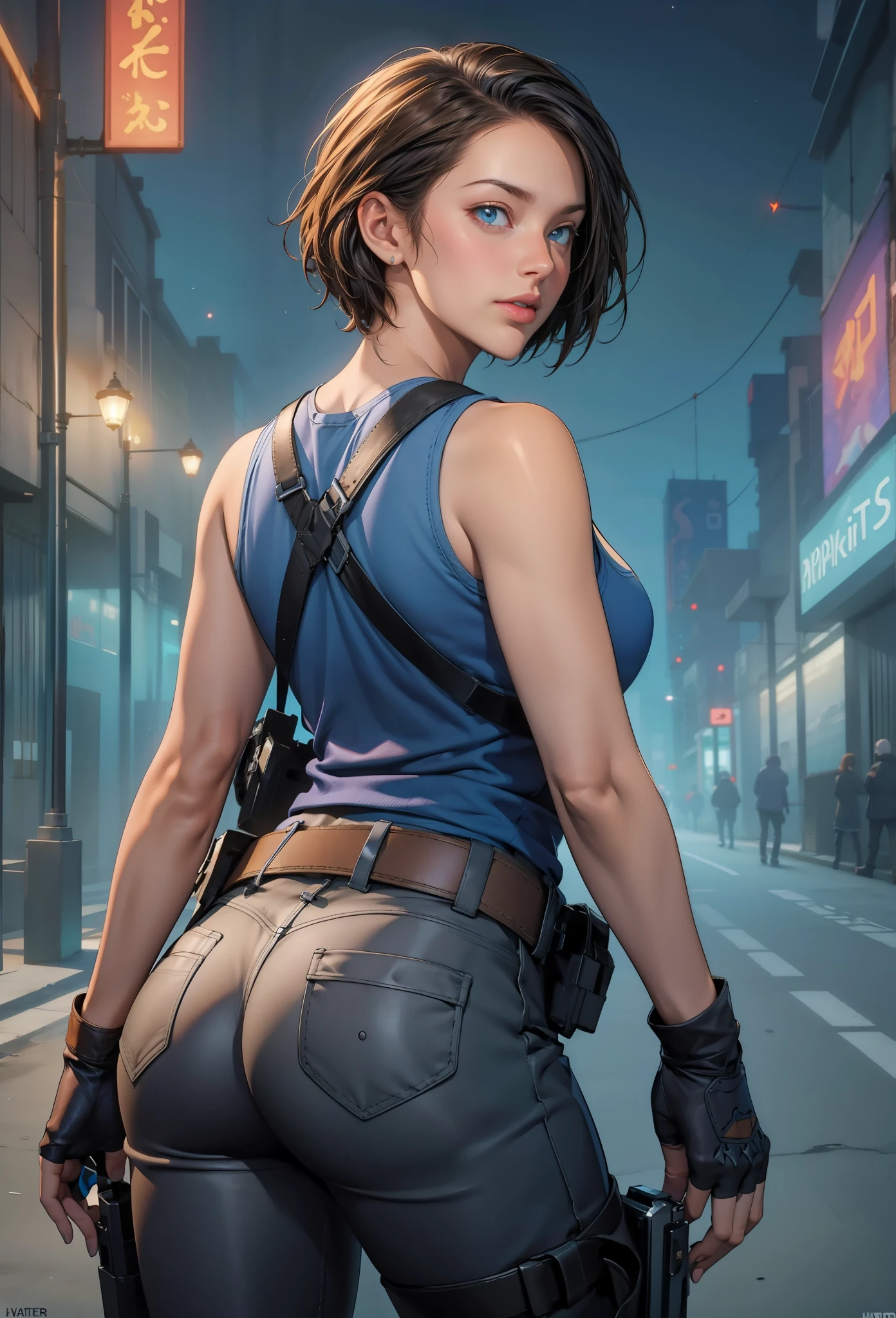 perfect eyes:1.2, detailed eyes:1.4, zotovalentine, serious, blue shirt, short hair, chestnut hair, blue eyes, gloves, jewelry, black gloves, belt, pants, fingerless gloves, lips, gun, tank top, holster, thigh holster, cowboy shot, 1girl, solo, (masterpiece:1.6, best quality), 8k, insane details, intricate details, hyperdetailed, hyper quality, high detail, ultra detailed, professional, HDR, ray tracing reflection, cinematic lighting,