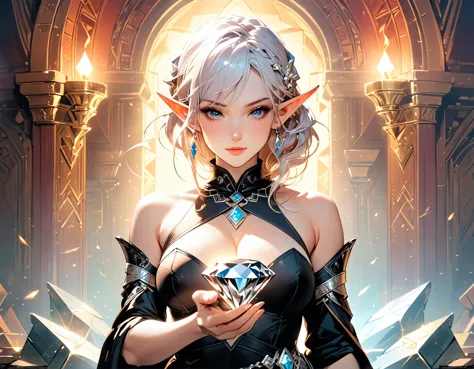 a picture of an elf thief holding an epic diamond in a vault, a female elf thief, full body, small pointy ears, dynamic hair col...