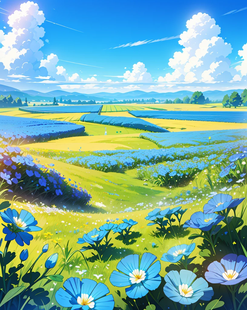 Highest quality, 32K, High resolution, masterpiece:1.5, Colorful Nemophila Fields, Lie on your back, Close your eyes and laugh, Transparent air, Summer sunshine