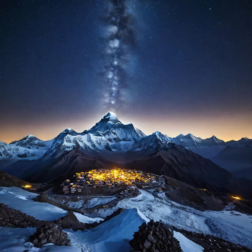 Realistic drone shots of Mount Everest at night, gorgeous, magnificent, natural, powerful, good night