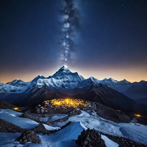 realistic drone shots of mount everest at night, gorgeous, magnificent, natural, powerful, good night