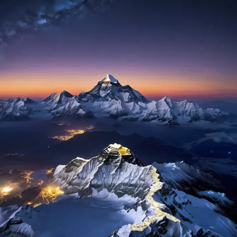 realistic drone shots of mount everest at night, gorgeous, magnificent, natural, powerful, good night