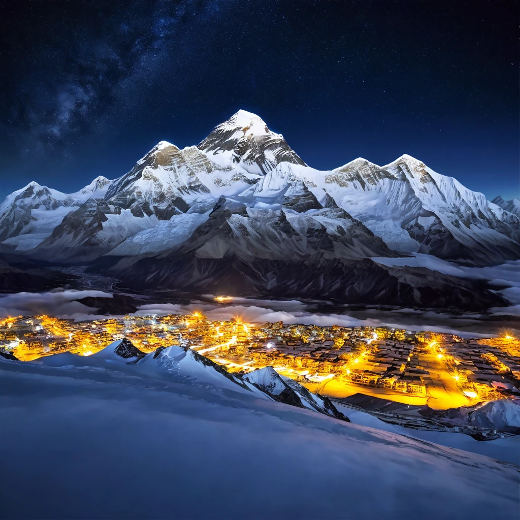 Realistic drone shots of Mount Everest at night, gorgeous, magnificent, natural, powerful, good night