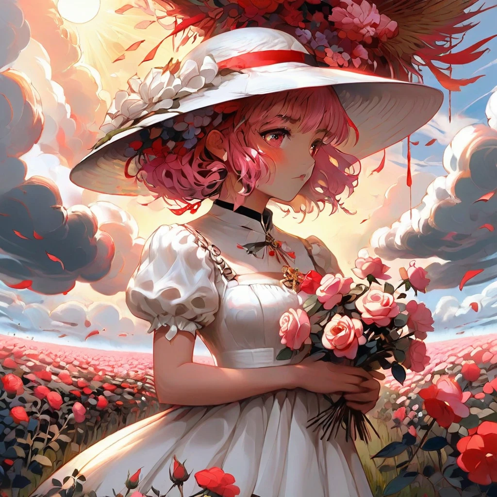 (masterpiece, Highest quality), 1 person, flower, alone, dress, Holding, null, cloud, have, Outdoor, bangs, flower束, Rose, Expressionless, blush, Pink Hair, flower field, red flower, Pink Eyes, white dress, Looking at the audience, Medium Hair, Holding flower, Small breasts, red Rose, Holding flower束, sun have, White Hat, Written boundary depth,((whole body)),