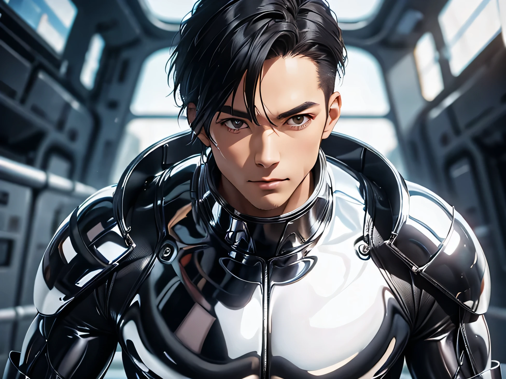 Handsome Japanese male models　　2　smile　　　Black Hair　　Short cut　Short bangs　looking at the camera　　　　　Shiny full-body silver suit　　　Shiny silver latex suit　Mega Bulge　　looking at the camera　future world　　　　　Upper body close-up　Face close-up　　　　　Fierce