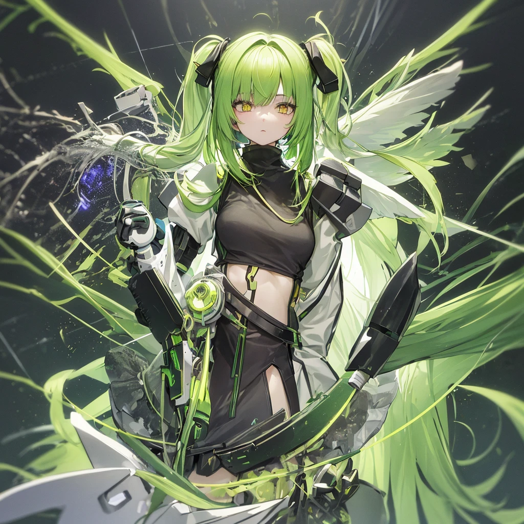 傑Pastel green long twin tails, Yellow Eyes, Long Bangs, Making anime，Highest quality, Highly detailed face，Straight hair, {{{Large mechanical wings spread on both sides.}}}, （pastel colour：1.2，Dark studio，Edge Light，Two-tone lighting，that&#39;dim，base，),Combat cyborg, {{{{{bangs that cover one eye}}}}}, {{{{{Woman illustration}}}}}, 8K quality, Highest quality, masterpiece, Kind woman, Dark atmosphere, Pastel green long twin tails, Yellow Eyes, Long Bangs, A scene from a science fiction movie,Cyborg Woman, A full-body green armor, {{{{{Wearing a pastel green mech suit}}}}}, Sadistic smile, Against a backdrop of an elaborate mechanical city、Details of a ruined future city, Smiling Kindly, 7 Head to Body, Shut your mouth.,Proud face, Detailed Background,Maximum details,Full body illustration, Has a beam weapon, Phantasy Star Online,Narrow eyes,30 years old, In combat,White Long Boots, avert your eyes, White cape from the waist,{{{Asymmetrical hairstyle}}},