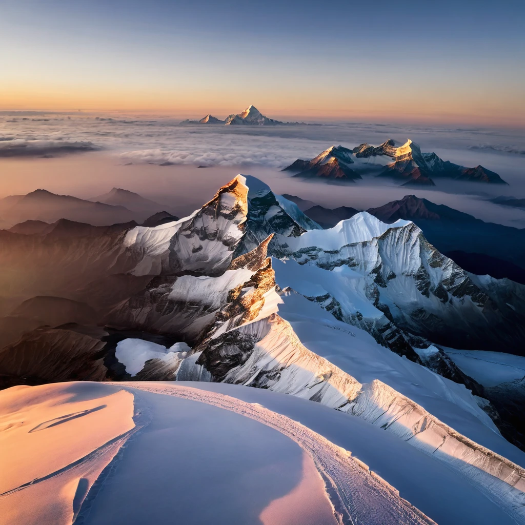 Real photos of Mount Everest in the morning taken by a drone from above, gorgeous, magnificent, natural, powerful ((masterpiece, highest quality, 4K))