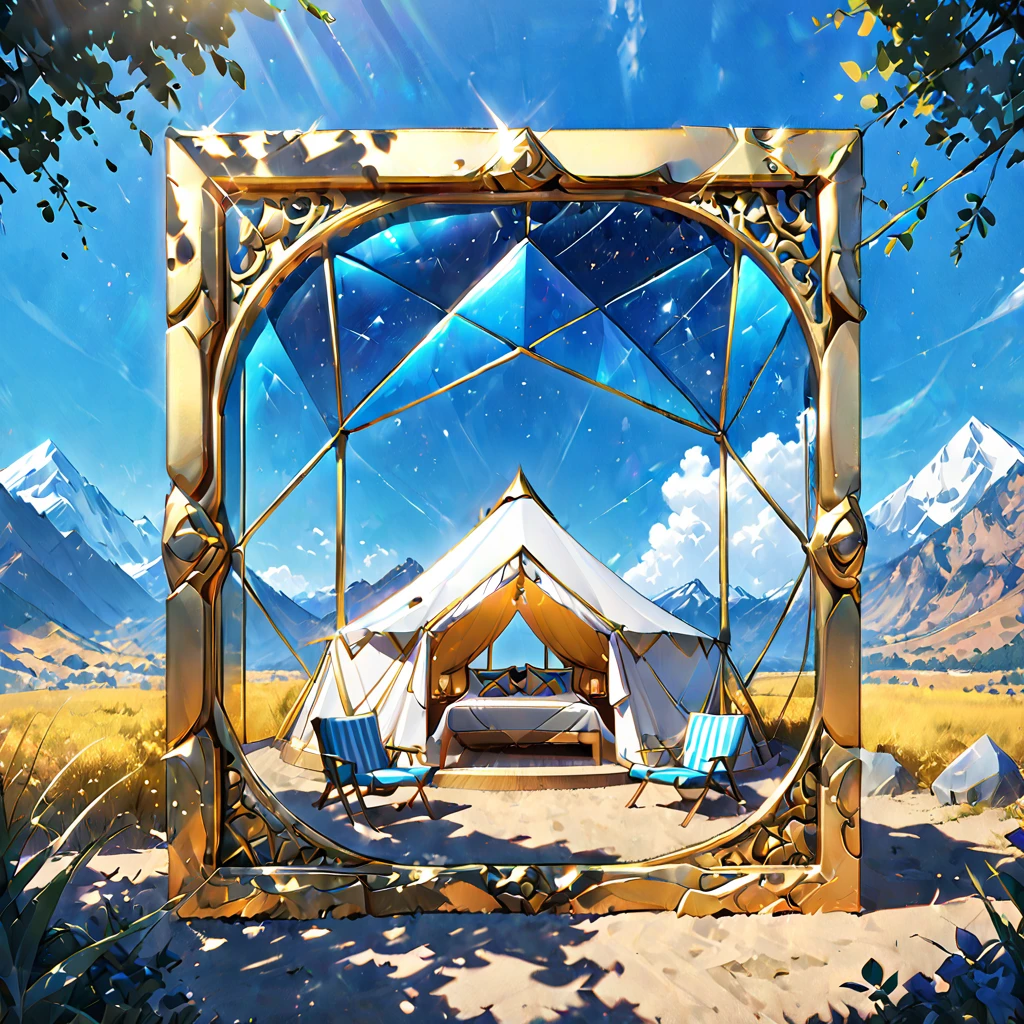 Glamping、symbol、Three-dimensional、Shine、Shine、gold、The background is blue sky、The periphery is a luxurious frame.