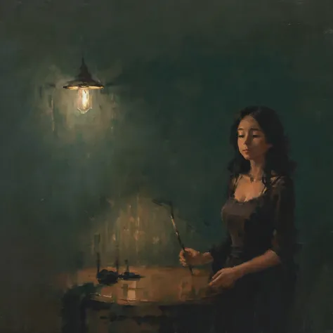 a painting of a black woman standing in a dimly lit room with a dark green background, wearing a dark teal dress. she is strikin...