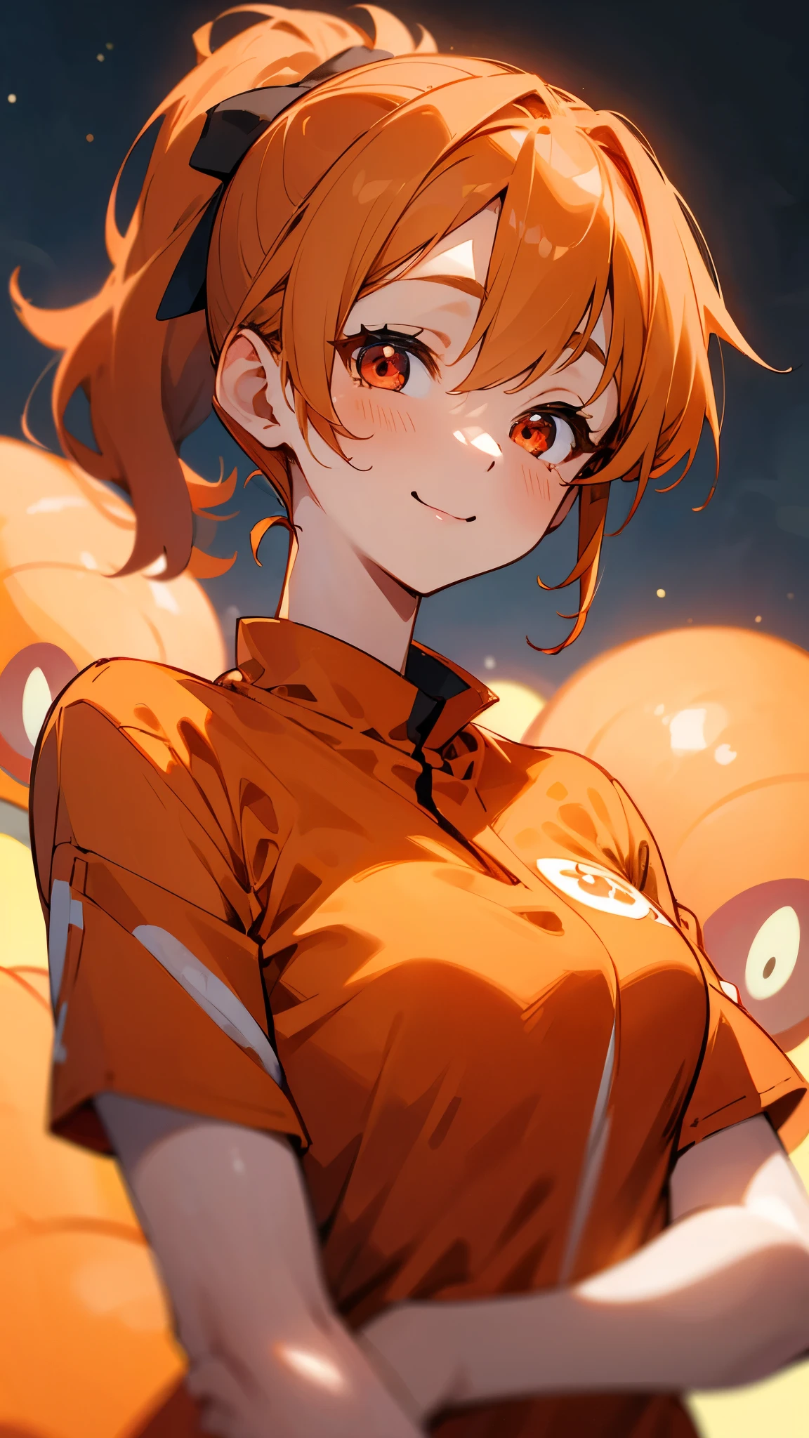 One young woman、alone、Orange blouse shirt、Orange Hair、Side Ponytail、Beautiful red eyes、A gentle gaze、smile、Upper body close-up、Shrimp mascot、Delicate contours、Under the moonlight、Background Blur