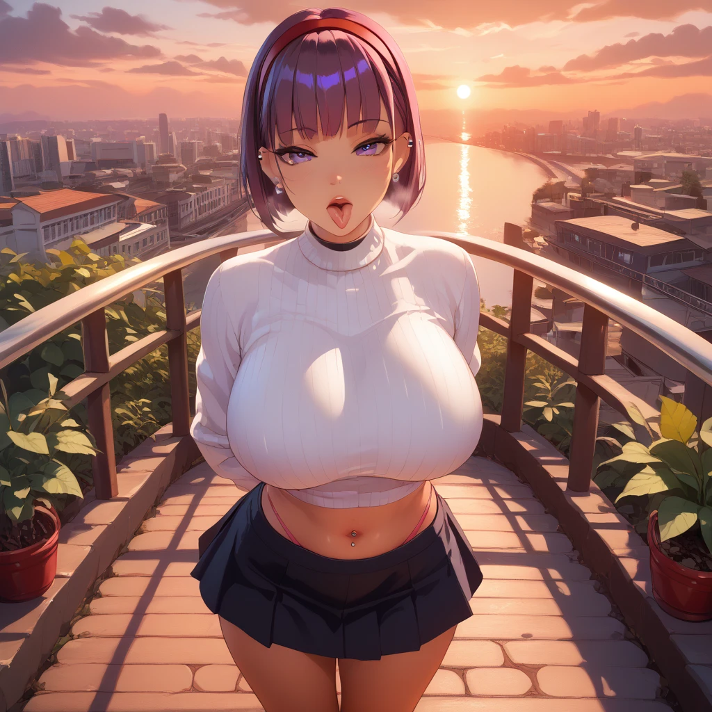 (Nsfw), 1 female, really short, tanned, round face, ear piercings, front view, high pov angle, plump lips, large open mouth, tongue out, perverse face, round face, detailed face, short purple hair, bowl cut, bangs, big purple eyes, full lidded eyes, puckered lips, toned midriff, hands behind back, breath mist, navel piercing, red head band, pink g-string, white turtle neck, clothes stretch, realistic fabric, black choker, mini skirt, skin tight clothing, extremely flushed face, massive breasts, slim waist, cinematic lighting, volumetric lighting, sunset, leaves falling in background, birds in sky, detailed city background, on a bridge, warm hues,train tracks in background, plants