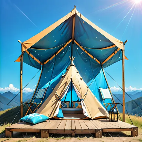 glamping、symbol、three-dimensional、shine、shine、gold、the background is blue sky