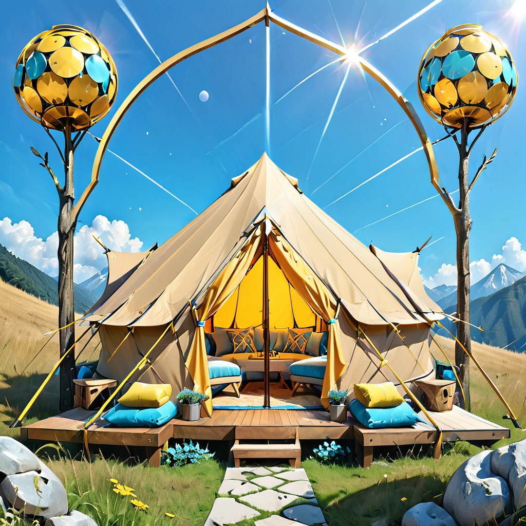 Glamping、symbol、Three-dimensional、Shine、Shine、gold、The background is blue sky