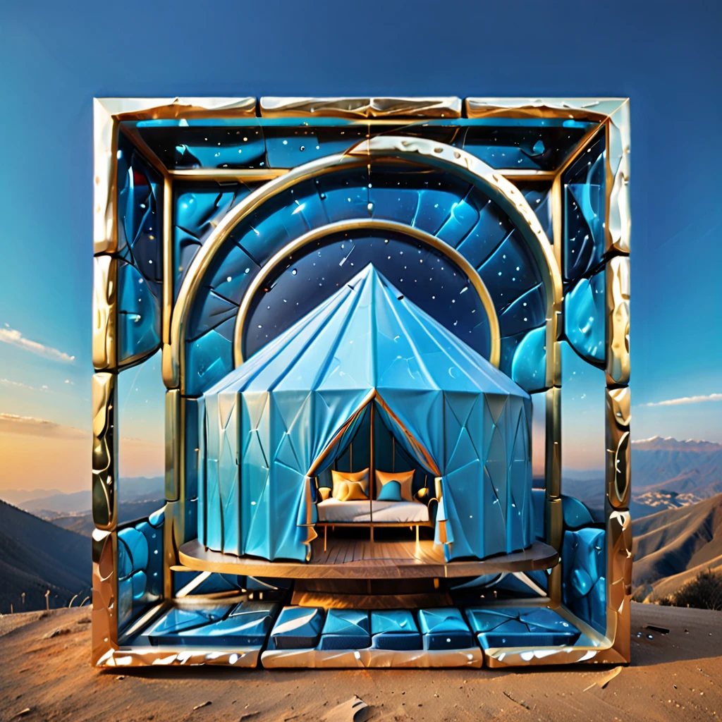 Glamping、symbol、Three-dimensional、Shine、Shine、gold、The background is blue sky、The periphery is a luxurious frame.