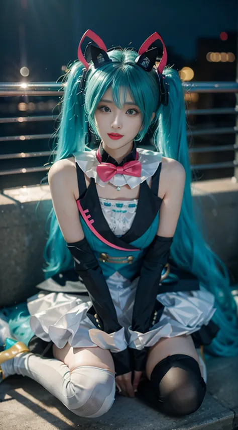 hatsune miku role play costume, hatsune miku, the magical future, role play, light green hair, double tail, very long hair, vest...