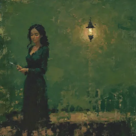 a painting of a black woman in a dark, moody room with deep green walls, standing confidently with her eyes closed, wearing a da...