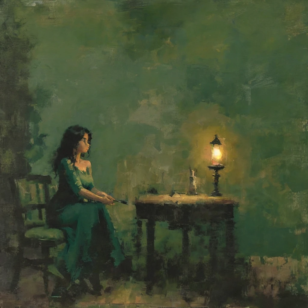 A painting of a Black woman in a dark, moody room with deep green walls, standing confidently with her eyes closed, wearing a dark teal dress. Her posture is relaxed yet strong, as she holds a cigarette in one hand, with smoke gently rising. The painting features bold, expressive brushstrokes that convey a "heta-uma" (naïve but skillful) style, blending rough, almost unfinished textures with a masterful sense of composition. The dark tones of the room are punctuated by a warm, glowing lamp on a wooden table, alongside an antique clock, which adds a vintage, intimate atmosphere. The woman's rich, dark skin contrasts beautifully against the green background, making her presence both powerful and serene within the composition.