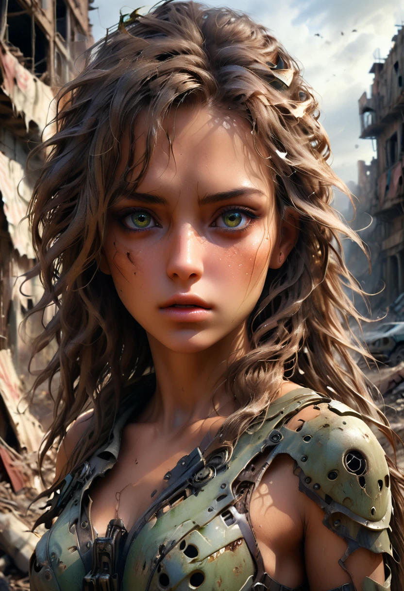 (((ultra realistic))) Photo, masterpiece, top quality, (sun tanned skin), (Ultra detailed face and eyes:1.3), 1 woman, A highly detailed photorealistic image, beautiful woman in the post-apocalyptic setting, torn dress, searching for love, detailed face, delicate features, big expressive eyes, lush flowing hair, dramatic lighting, highly detailed, cinematic, photorealistic, 8k, intricate, masterpiece, ruined_cityscape, distant_character, wasteland