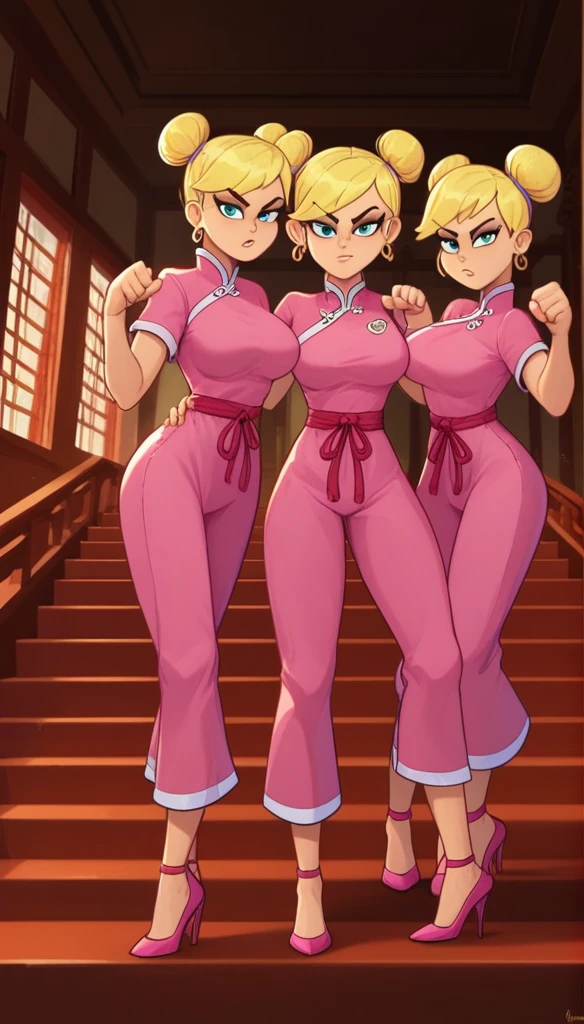 lola loud, 3girls, trio, 24yo girl, large breasts, pink cheongsam, inside of a chinese temple, looking at viewer, blonde hair, two hair buns , hands score_9, score_8_up, score_7_up, high heels, teep fighting stance,martial arts, stairs behind her, guarding the stairs, they wear the same outfit, they are twins