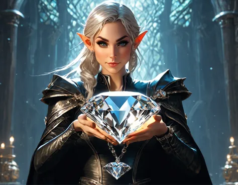 a picture of an elf thief holding an epic diamond in a vault, a female elf thief, full body, small pointy ears, dynamic hair col...