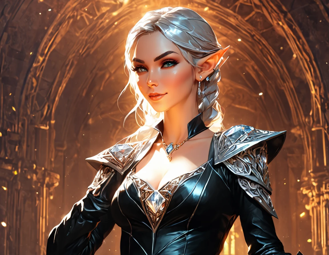 a picture of an elf thief holding an epic diamond in a vault, a female elf thief, full body, small pointy ears, dynamic hair color, dynamic hair style, pale skin, ultra detailed face, wearing black leather leotard, black leather pants, busty, small cleavage, high heel boots, she is happy for reaching her goal, success, holding an epic sized (diamond: 1.3), brilliant diamond, many facets, diamond, fantasy safe vault background, torchlight, vibrant, Ultra-high resolution, High Contrast, (masterpiece:1.5), highest quality, Best aesthetics), best details, best quality, highres, 16k, [ultra detailed], masterpiece, best quality, (extremely detailed) RAW, (ultra details, Masterpiece, best quality), diamondWM, Cinematic Shot