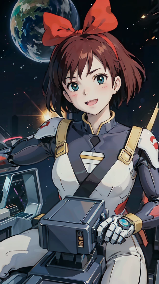 Mundo Cockpit、One beautiful woman, kiki、alone、Upper Body、Cockpit of a giant robot、Grip the control stick。(masterpiece, Highest quality;1.3),Super detailed,One girl,alone,Feena Grandia,View your viewers,smile,Kiki,Red hair ribbon,black short cut hair,open mouse,mecha musume,white mechanical glittering parts,white crystal robot joints,at universe, at cosmos,