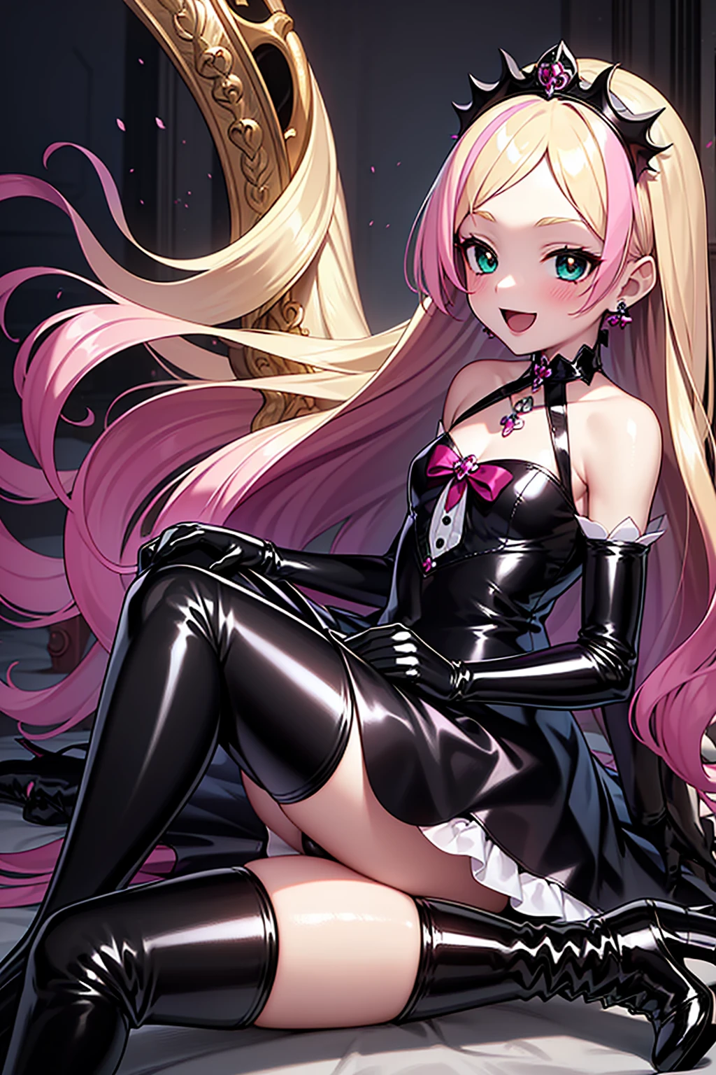 cure flora, 1girl, solo, blonde hair, pink highlights, long hair, black hair ornament, (gothic lolita:1.3), black long skirt, black tiara, black gloves, (black gothic dress:1.3), frills, black ballgown, low bat wings, black fur, ribbon, blush cheeks, stockings, high heel boots, high heels, black enamel boots, corruption, half-closed eyes, Jewelry, no pupils, (evil smile), (shiny fabric:1.5), open mouth, dark magical girl,