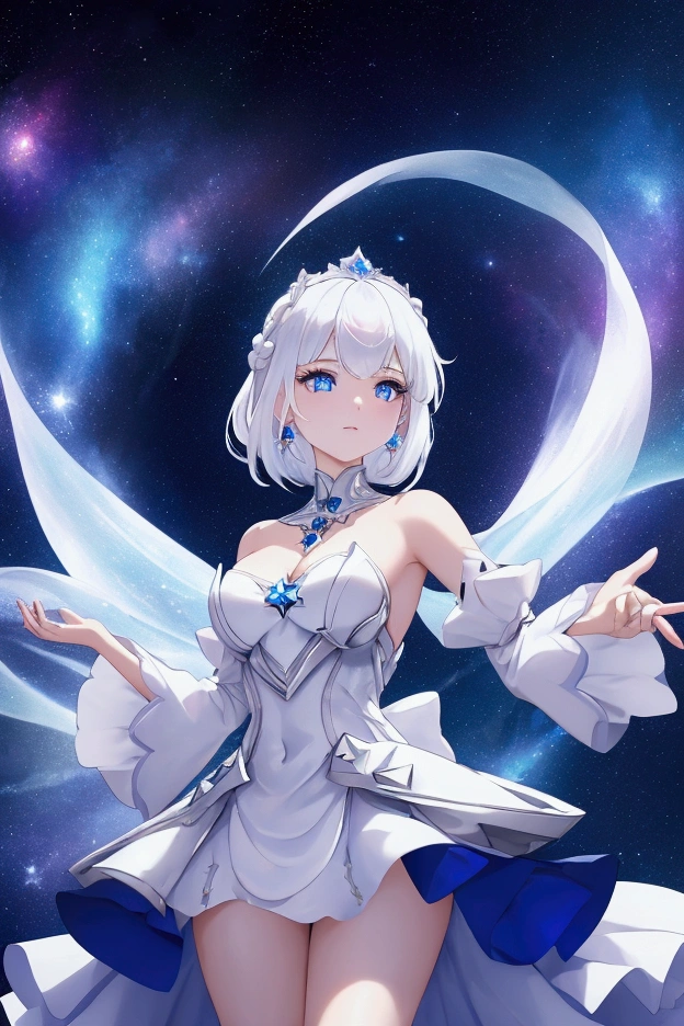 A princess with white hair, Blue eyes reflecting the galaxy, wear a short tight dress, and has a design of many stars and galaxies,