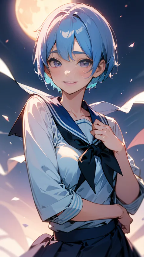 one young woman、alone、sailor school uniform、navy blue skirt、light blue hair、short hair、pink eyes、a gentle gaze、grin、upper body c...