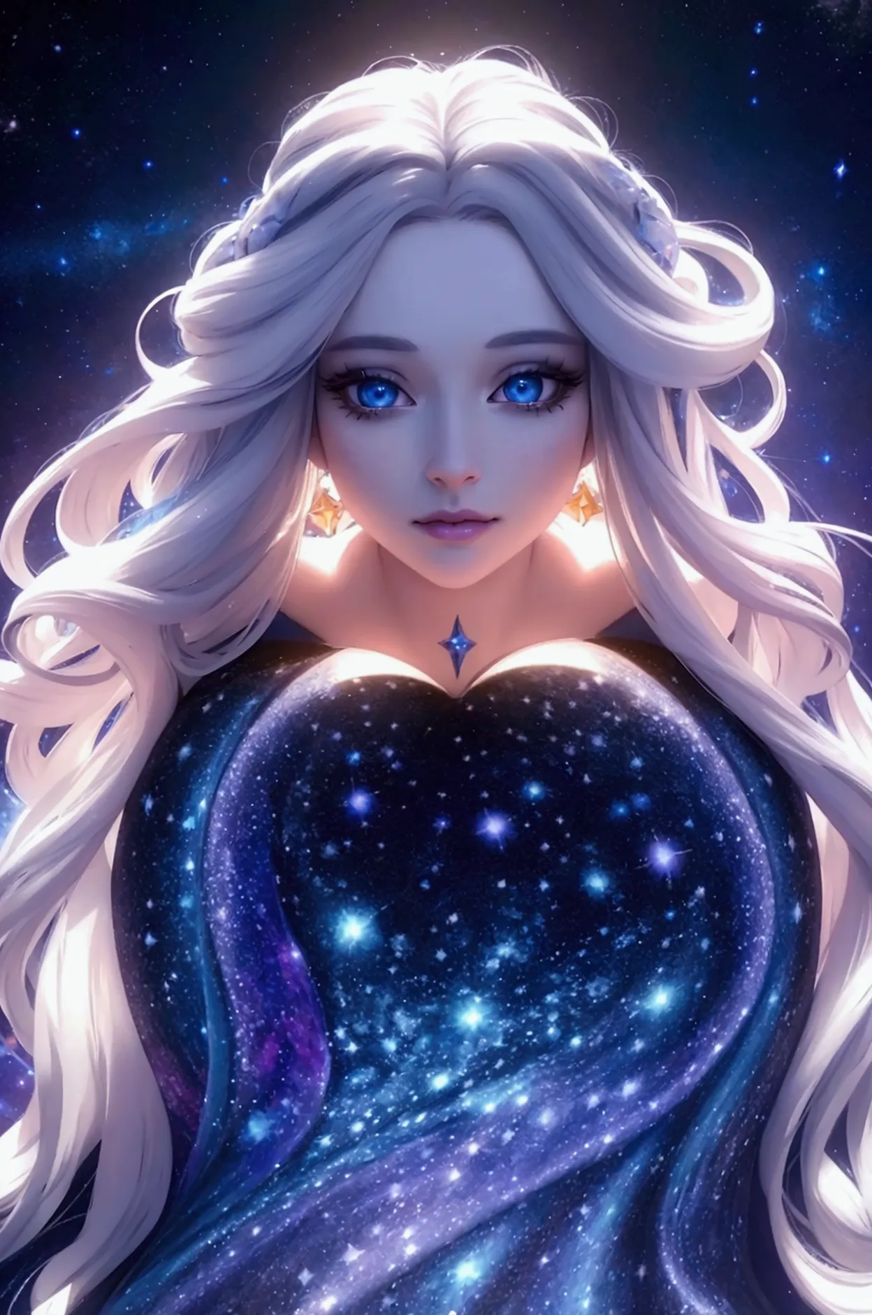 a beautiful detailed princess, long white hair, blue eyes reflecting the galaxy, wearing a short tight dress with designs of man...