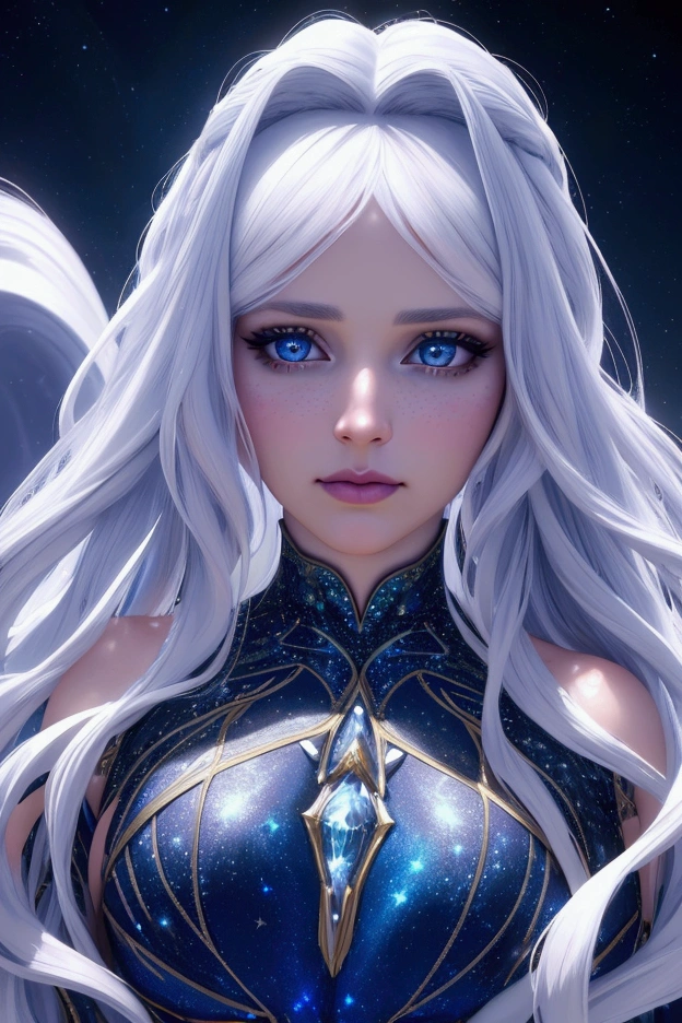 a beautiful detailed princess, long white hair, blue eyes reflecting the galaxy, wearing a short tight dress with designs of many stars and galaxies, (best quality,4k,8k,highres,masterpiece:1.2),ultra-detailed,(realistic,photorealistic,photo-realistic:1.37),highly detailed face, detailed eyes,detailed lips,extremely detailed face and features,long eyelashes,detailed dress,detailed galaxy and star patterns,fantasy,ethereal,glowing,shimmering,intricate details,vivid colors,dramatic lighting,cinematic