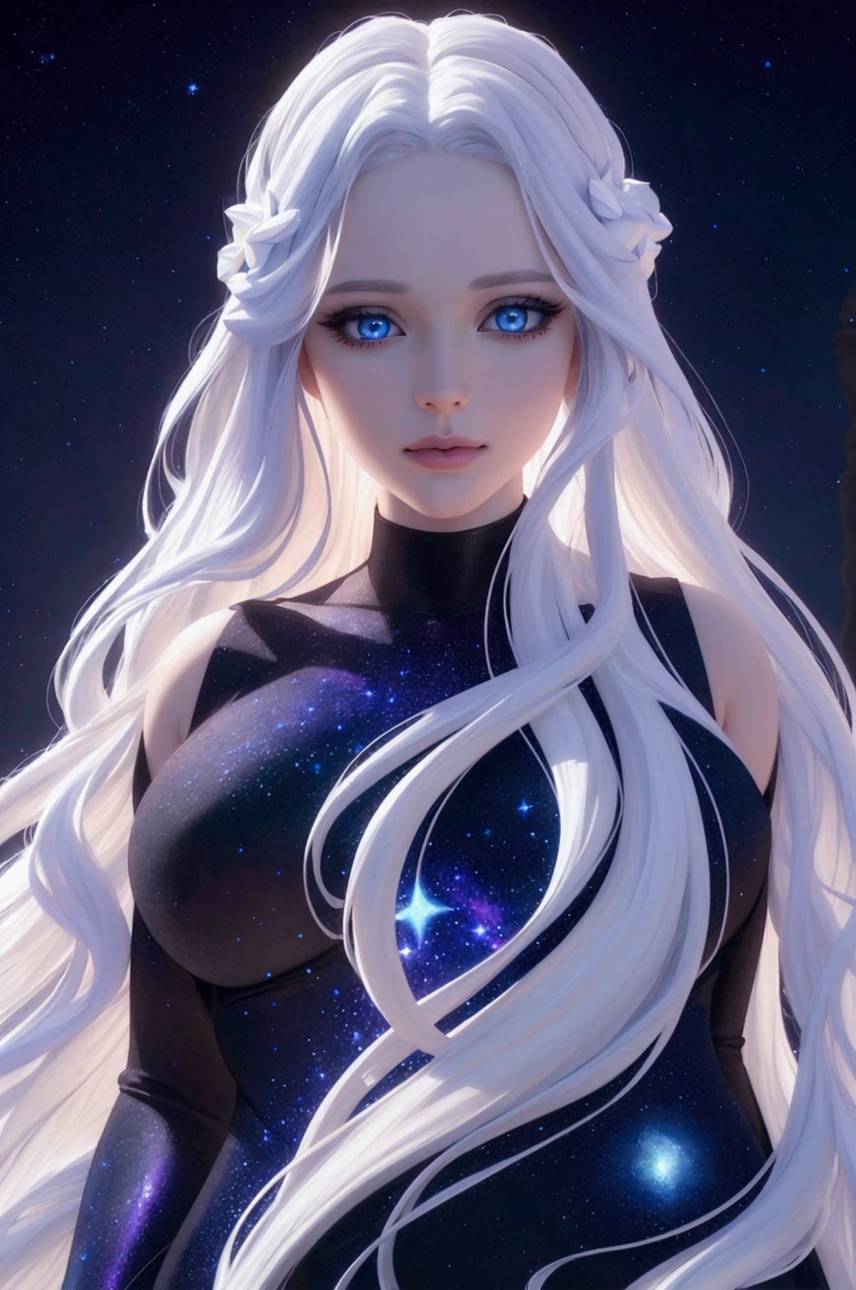 a beautiful detailed princess, long white hair, blue eyes reflecting the galaxy, wearing a short tight dress with designs of many stars and galaxies, (best quality,4k,8k,highres,masterpiece:1.2),ultra-detailed,(realistic,photorealistic,photo-realistic:1.37),highly detailed face, detailed eyes,detailed lips,extremely detailed face and features,long eyelashes,detailed dress,detailed galaxy and star patterns,fantasy,ethereal,glowing,shimmering,intricate details,vivid colors,dramatic lighting,cinematic