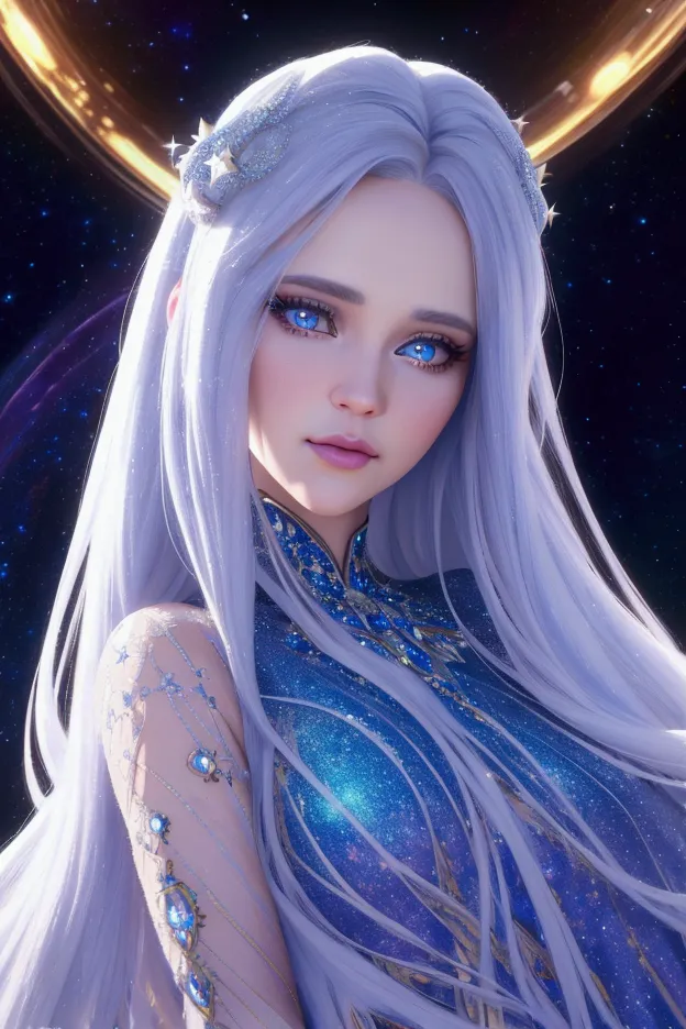 a beautiful detailed princess, long white hair, blue eyes reflecting the galaxy, wearing a short tight dress with designs of man...