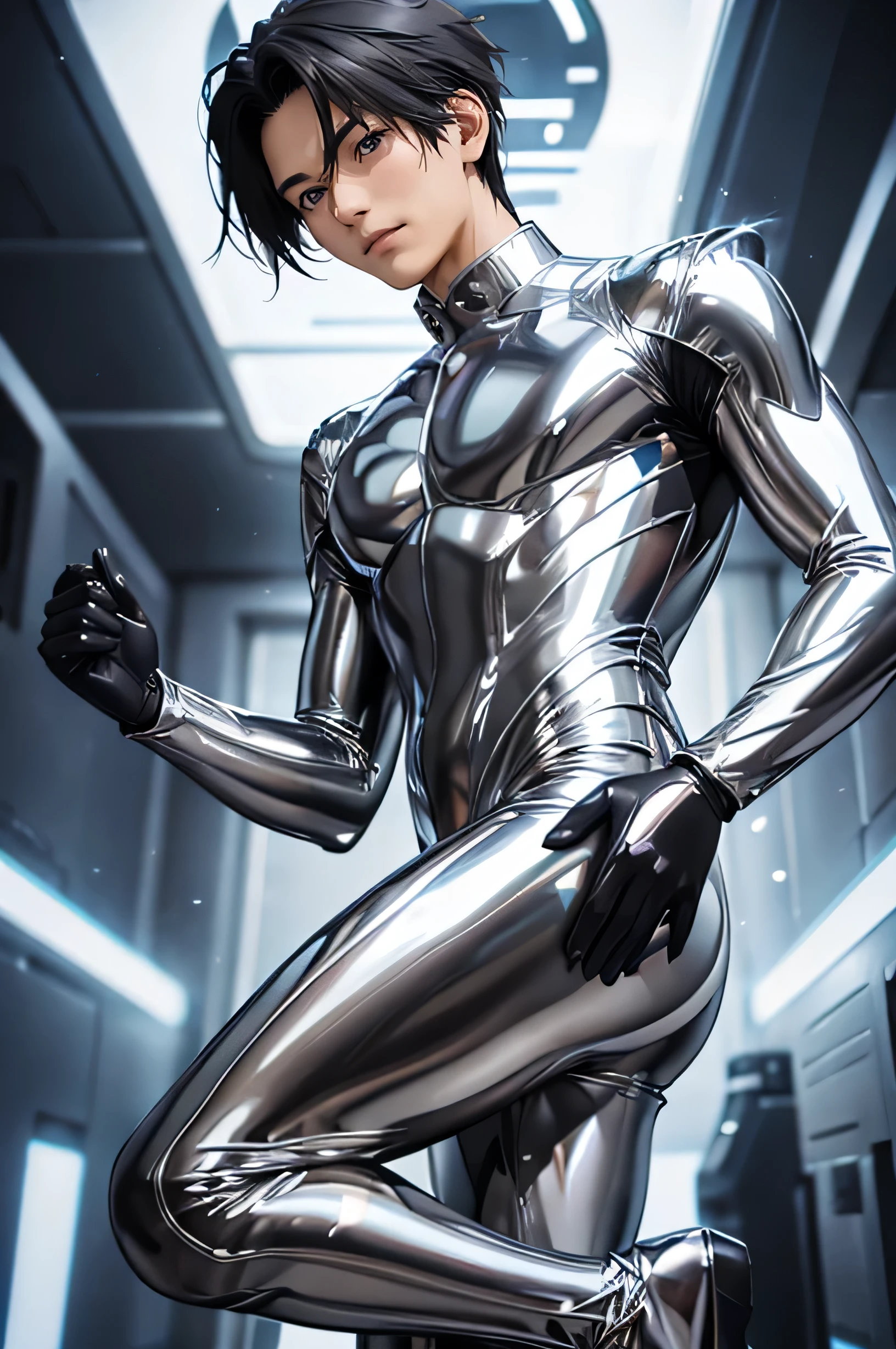 Handsome Japanese male models　　Black Hair　　 18-year-old　　　Kawaii Boy 　Shiny full-body silver suit　　　Shiny silver latex suit　　　future　Metal Body　　 　　smile　　　　 　Face close-up