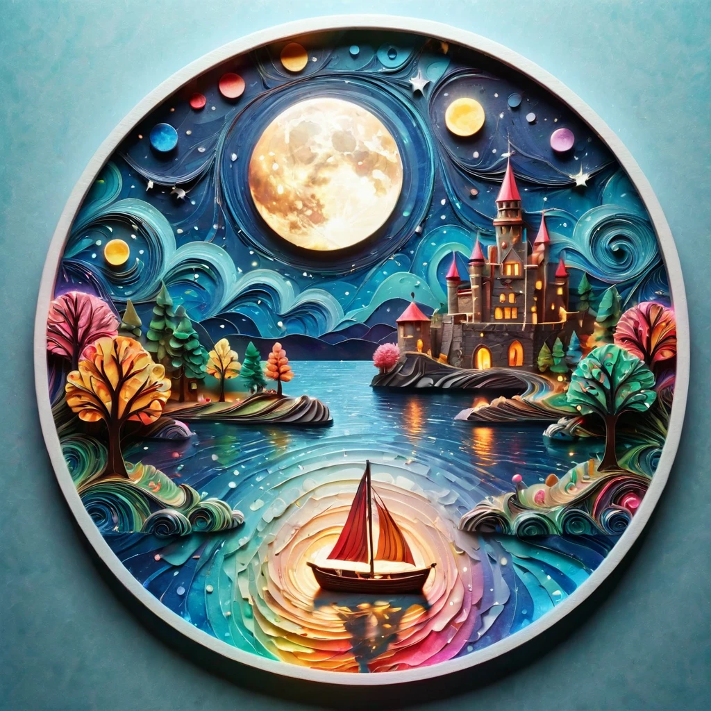 Paper cut-in art (((work of art))),best qualityer, illustration,  sky, nube, water, star \(Symbol\), tree, sin humanos, natta, bird, moonligh, building, star \(sky\), natta sky, Scenario, starry sky, watercraft, castle, To send, ripples, tower, rowboat. vibrant color scheme, smooth light,(warm color:1.2),Watercolor painting, light background, best qualityer exquisite details,3D rendering,octane rendering, cake, paper_cut-in