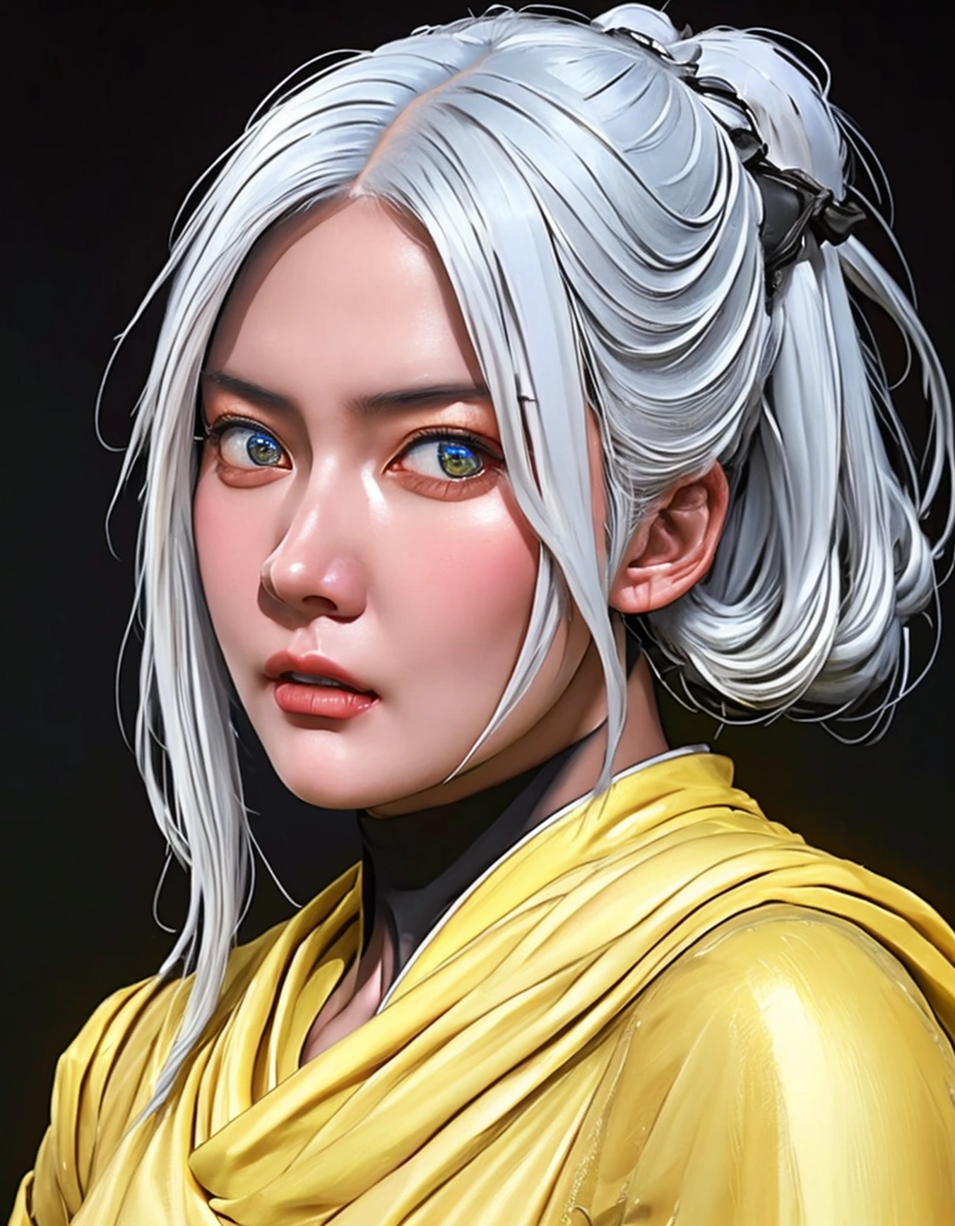 a woman with long pastel white hair, dark eyes, wearing yellow ninja clothes, detailed face, elegant pose, highly detailed, intricate details, beautiful portrait, dramatic lighting, cinematic composition, vibrant colors, realistic, concept art style, photorealistic, 8k, 16k, masterpiece