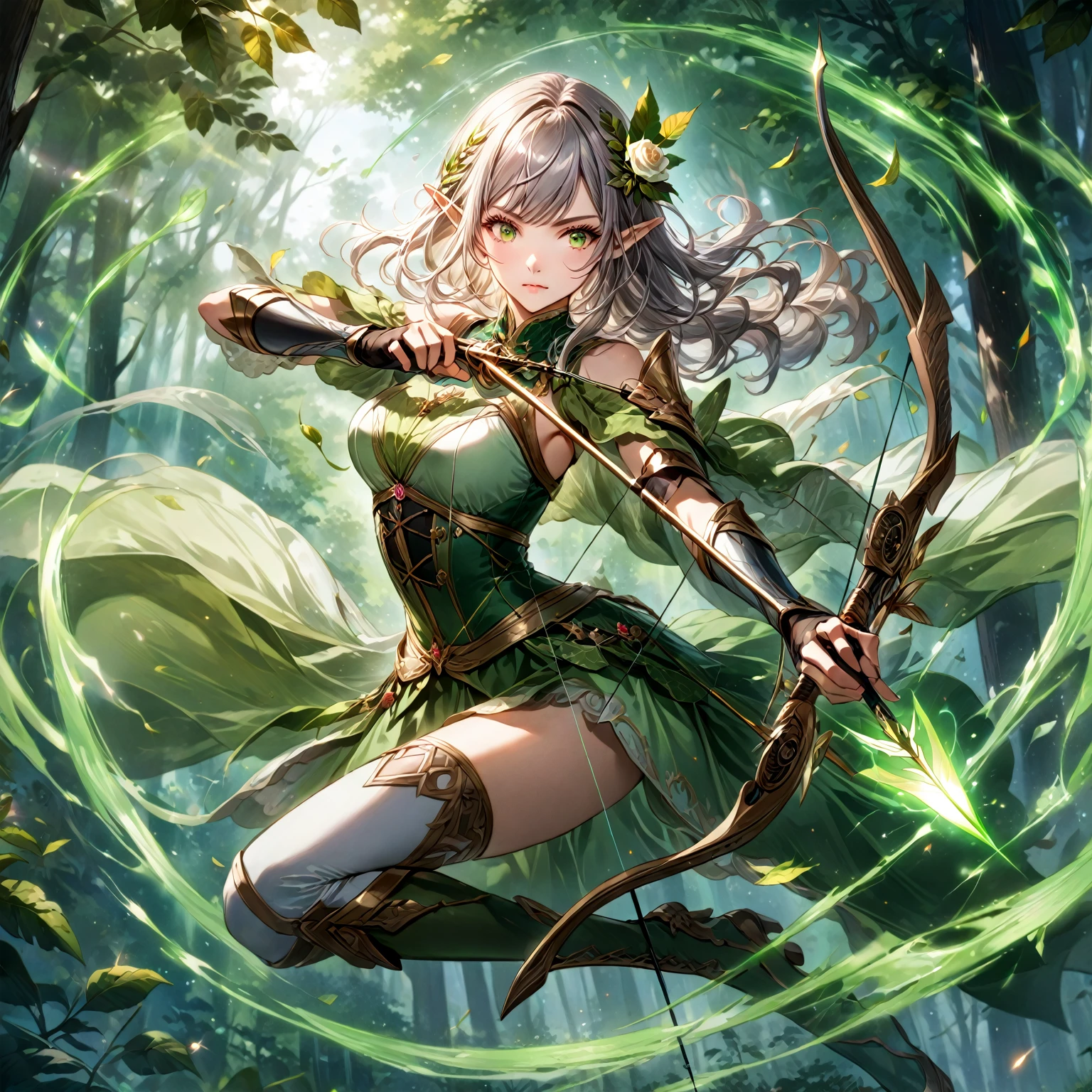 score_9_up, score_9, score_8_up, score_7_up, source_anime,masterpiece, best quality, high resolution, extremely detailed CG, absurdres, highres, 1girl, solo, in the daytime forest, a elf girl, dressed in shoulderless light armor and thigh boots, takes aim at the sky with a bow and arrow, spinning green light effects around the arrow, swirling winds around her, leaves and light effects flying everywhere. Crown of laurel, jewels decorate, mysterious and holy atmosphere. aiming, archery, arrow \(projectile\), bangs, bow \(weapon\), breasts, closed mouth, corset, drawing bow, dress, elf, fingerless gloves, floating hair, flower, forest, gloves, green dress, green eyes, grey hair, hair flower, hair ornament, holding, holding arrow, holding bow \(weapon\), holding weapon, leaf, light particles, long hair, looking away, looking to the side, nature, outdoors, outstretched arm, pointy ears, quiver, rose, serious, solo, watermark, weapon