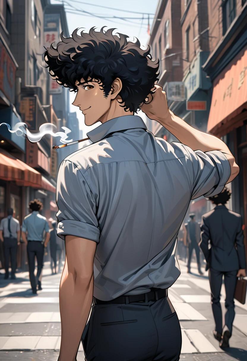 Black pencil drawing,Spike Spiegel,brown eyes, smile,black hair,1boy,Walking the streets of downtown smoking a cigarette,Back shot, turning around to look at the viewer, scratching her hair, smiling,Masterpiece, best quality, 4k. Ultra detail,Pencil Blurred effect,