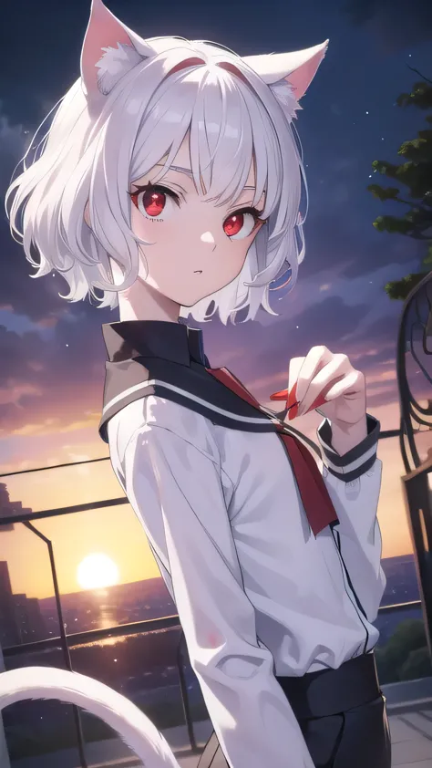 neferpitou, neferpitou, short hair, (red eyes:1.5), long sleeves, animal ears, white hair, shorts, cat ears, cat tail, curly hai...