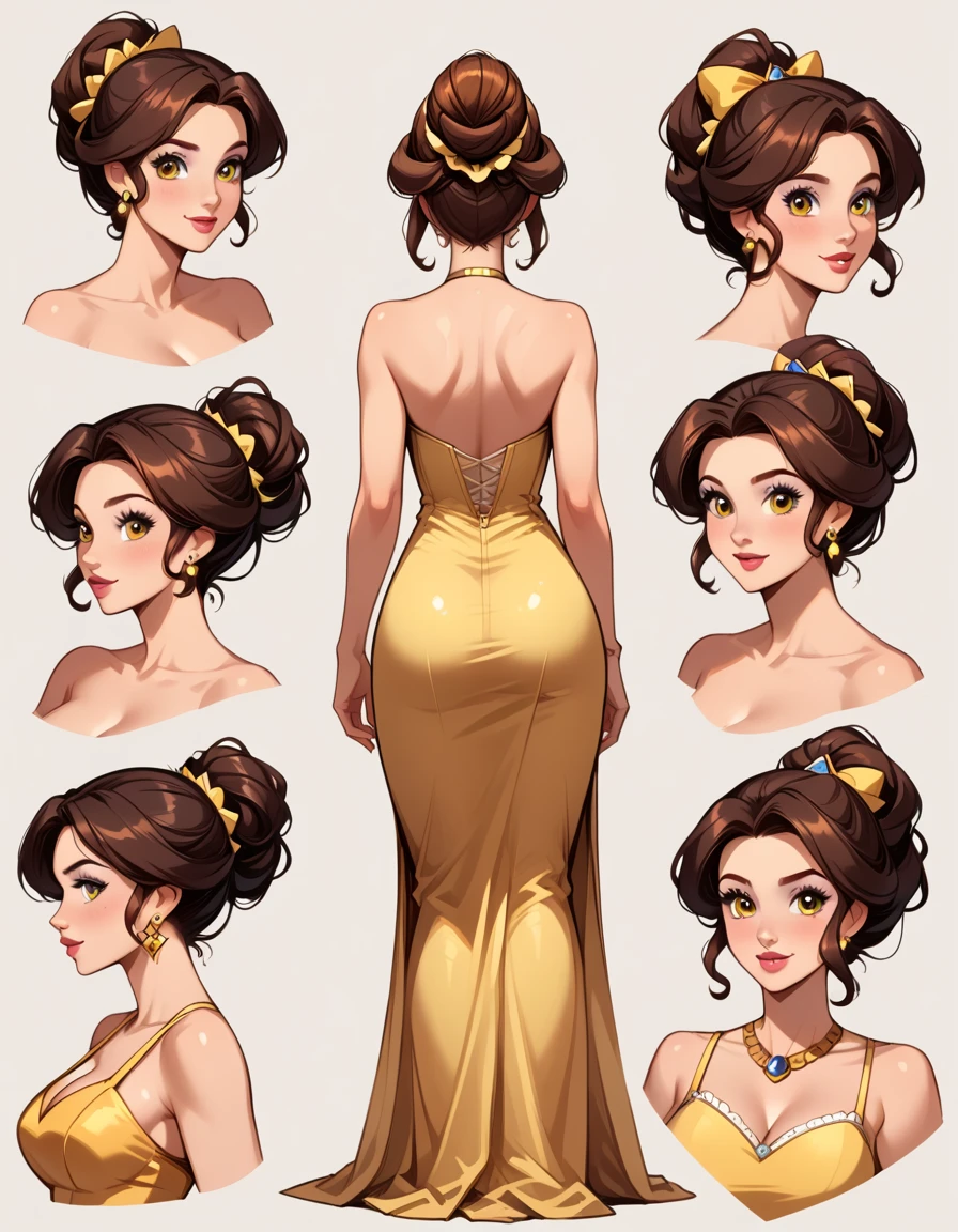 score_9, score_8_up, score_7_up, score_6_up, sketch_sheet, solo, BREAK 1girl, (Disney's Belle, brown hair, updo hairstyle:1.3), dominant gorgeous girl, same character, BREAK perfect lips, tall, (Sexy woman), wearing (elegant yellow gown:1.4), BREAK frontal body view, back body view, Depth, Many parts, Multiple poses and expressions, BREAK highly detailed, (ultra-detailed), (best illustration), (best shadow), (absurdres), BREAK (very aesthetic), (4k, intricate), (detailed face:1.2).